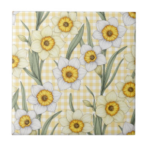 Azulejo De Cerâmica Padrão Floral Botânico Narciso Xadrez Amarelo
