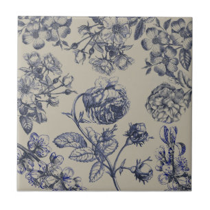 Azulejo De Cerâmica Padrão Floral Botânico Toile Azul Vintage Antigo