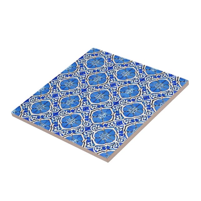 Azulejo De Cerâmica Padrão floral branco azul Estilo mediterrânico (Lateral)