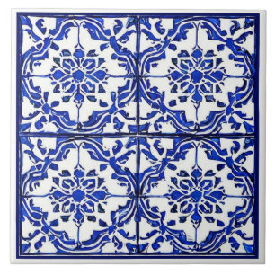 Azulejo De Cerâmica Padrão floral branco azul mediterrânico inspirado