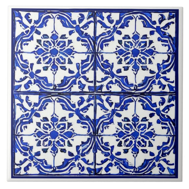 Azulejo De Cerâmica Padrão floral branco azul mediterrânico inspirado (Frente)