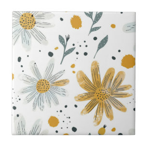 Azulejo De Cerâmica Padrão Floral Branco e Amarelo