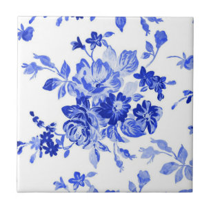 Azulejo De Cerâmica Padrão Floral Branco e Azul da Vintage