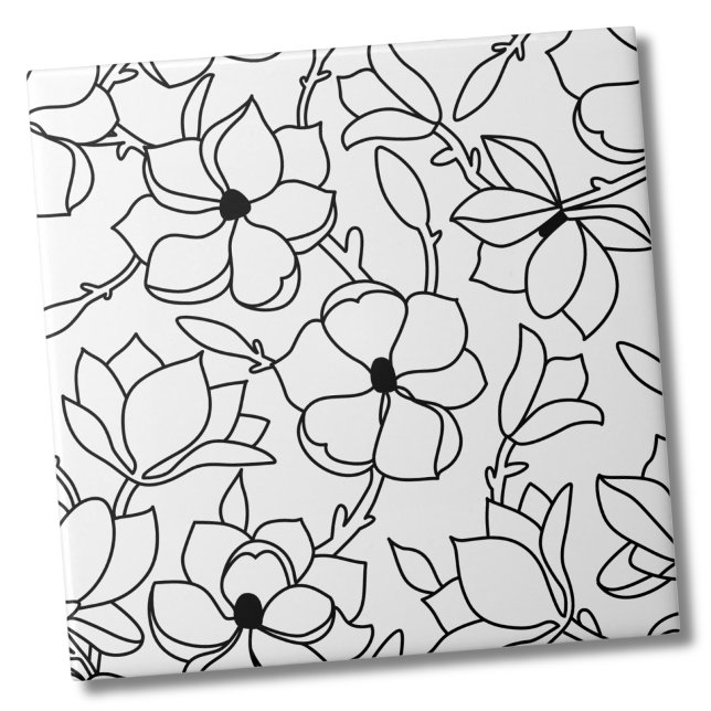 Azulejo De Cerâmica Padrão Floral Branco Preto (Whimsical Chic Black White Floral Ceramic Tile)