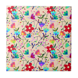 Azulejo De Cerâmica Padrão Floral Colorido com Fundo Bege