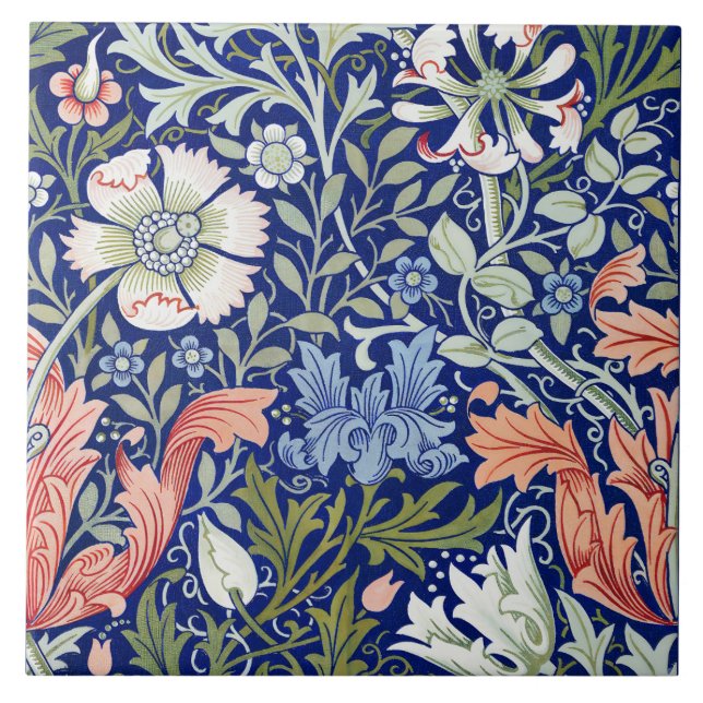 Azulejo De Cerâmica Padrão Floral Compton 1896 Azul Fundo Morris (Frente)