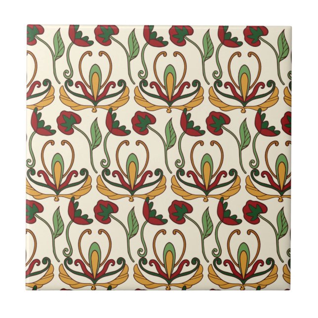 Azulejo De Cerâmica Padrão floral contínuo com flores vermelhas e amar (Frente)