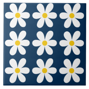 Azulejo De Cerâmica Padrão Floral da Daisy Azul Escuro