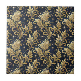 Azulejo De Cerâmica Padrão Floral Damask Luxuoso Dourado e Preto