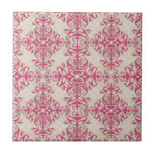Azulejo De Cerâmica Padrão Floral Damask Rosa Chic e Branco Esmaecido