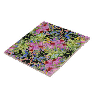 Azulejo De Cerâmica Padrão Floral de Aquarela Amarelo Verde Cor-de-Águ