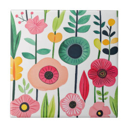 Azulejo De Cerâmica Padrão Floral de Aquarela Colorida