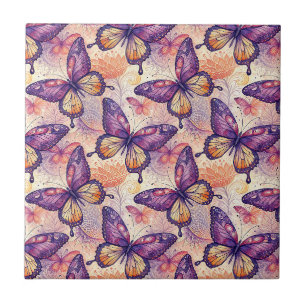 Azulejo De Cerâmica Padrão Floral de Borboleta Roxa Botânica Elegante