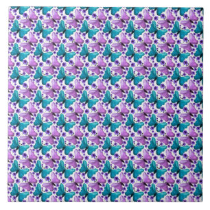 Azulejo De Cerâmica Padrão floral de borboleta roxa-verde