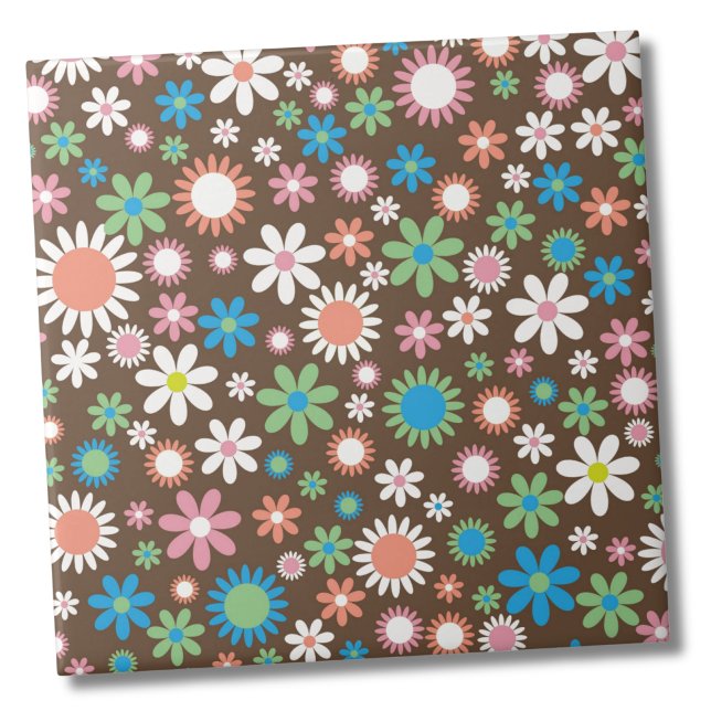 Azulejo De Cerâmica Padrão Floral de Daisy Cute (Cute Groovy Brown Blue Green Retro Daisy Floral ceramic tile)