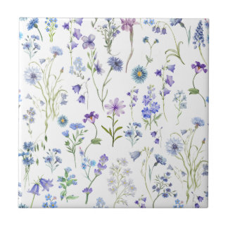 Azulejo De Cerâmica Padrão Floral de Flor Silvestre Roxa Azul Aquarela