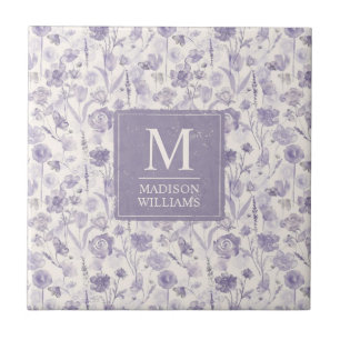 Azulejo De Cerâmica Padrão Floral de Flores de Lavanda Roxo Aquarela