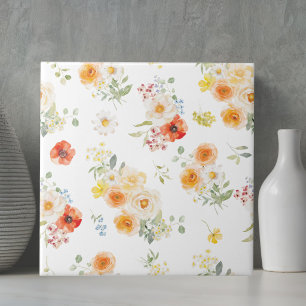 Azulejo De Cerâmica Padrão Floral de Flores Laranja Amarelo Aquarela