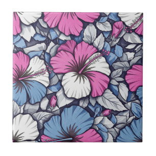 Azulejo De Cerâmica Padrão Floral de Hibisco Azul Elegante (1)
