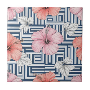Azulejo De Cerâmica Padrão Floral de Hibisco Azul Elegante (12)