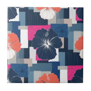 Azulejo De Cerâmica Padrão Floral de Hibisco Azul Elegante (14)