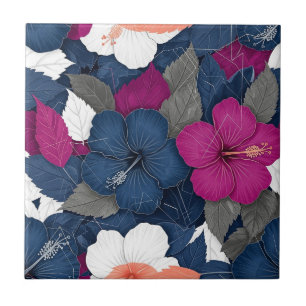 Azulejo De Cerâmica Padrão Floral de Hibisco Azul Elegante (3)