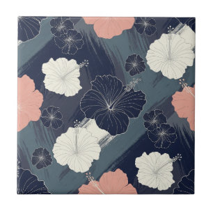 Azulejo De Cerâmica Padrão Floral de Hibisco Azul Elegante (5)