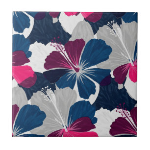Azulejo De Cerâmica Padrão Floral de Hibisco Azul Elegante (6)