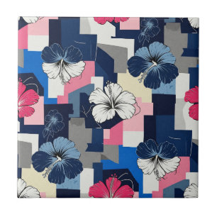 Azulejo De Cerâmica Padrão Floral de Hibisco Azul Elegante (7)