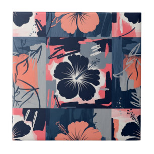 Azulejo De Cerâmica Padrão Floral de Hibisco Azul Elegante (9)