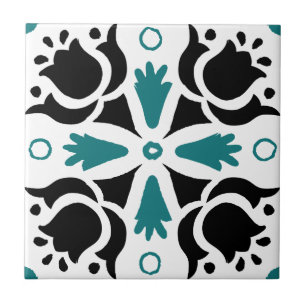 Azulejo De Cerâmica Padrão Floral de Intrato de Preto e Teal