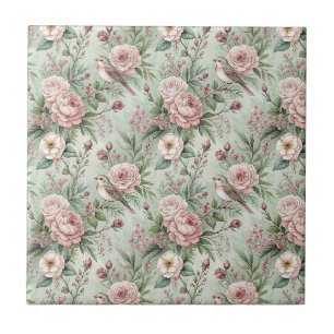 Azulejo De Cerâmica Padrão Floral de Jardim Inglês Antigo com Pássaro 