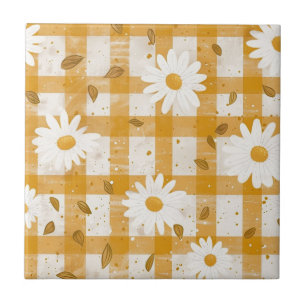 Azulejo De Cerâmica Padrão Floral de Margarida Branca em Gingham Amare