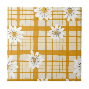 Azulejo De Cerâmica Padrão Floral de Margarida Branca em Gingham Amare