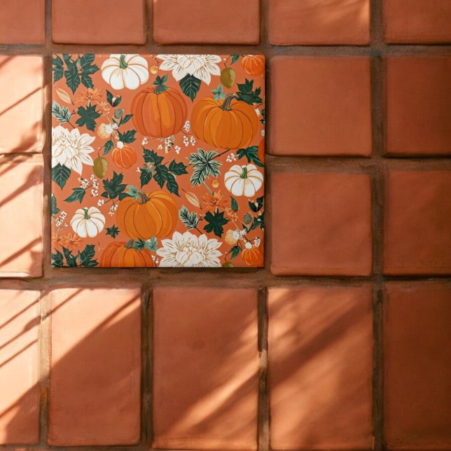 Azulejo De Cerâmica Padrão Floral de Outono de Laranja Boho (Criador carregado)