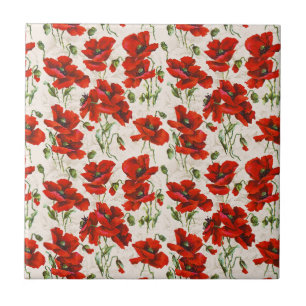 Azulejo De Cerâmica Padrão Floral de Papoula Vermelha Vintage Arte Bot