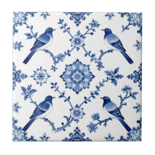 Azulejo De Cerâmica Padrão Floral de Pássaro Chinoiserie Azul
