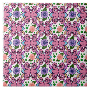Azulejo De Cerâmica Padrão Floral de Pássaros Folclóricos Caprichosos