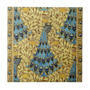 Azulejo De Cerâmica Padrão Floral de Pavão Azul Art Nouveau Antigo
