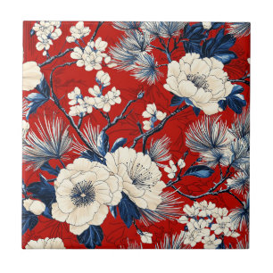 Azulejo De Cerâmica Padrão Floral de Peônia Índigo Carmesim de Inverno