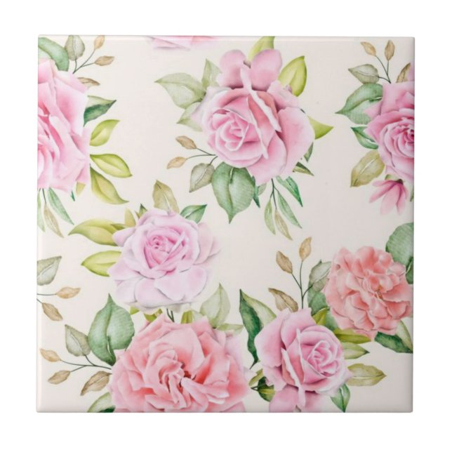 Azulejo De Cerâmica Padrão Floral de Rosa Romântica Elegante (Frente)