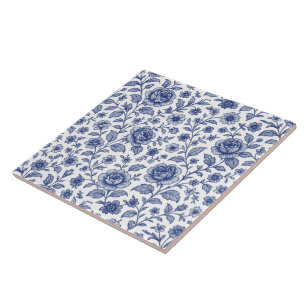 Azulejo De Cerâmica Padrão Floral de Rosas Azul Royal