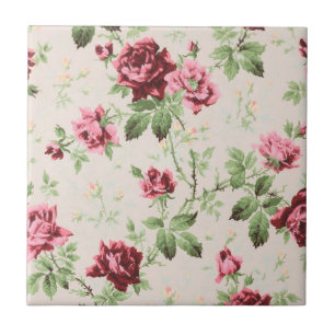 Azulejo De Cerâmica Padrão floral de rosas vermelhas e rosadas vintage