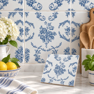 Azulejo De Cerâmica Padrão Floral de Toile Francês Azul