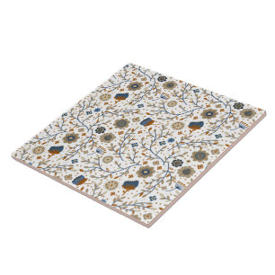 Azulejo De Cerâmica Padrão Floral Desenhado à Mão em Azul, Laranja