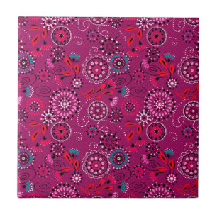 Azulejo De Cerâmica Padrão floral do abstrato étnico retro crimson
