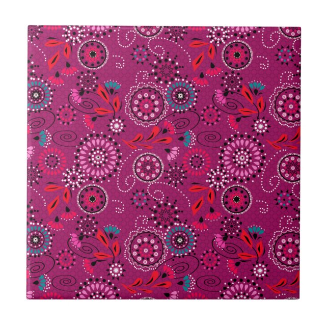 Azulejo De Cerâmica Padrão floral do abstrato étnico retro crimson (Frente)