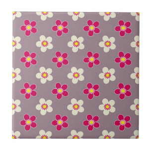 Azulejo De Cerâmica Padrão floral do creme e flores brancas em c