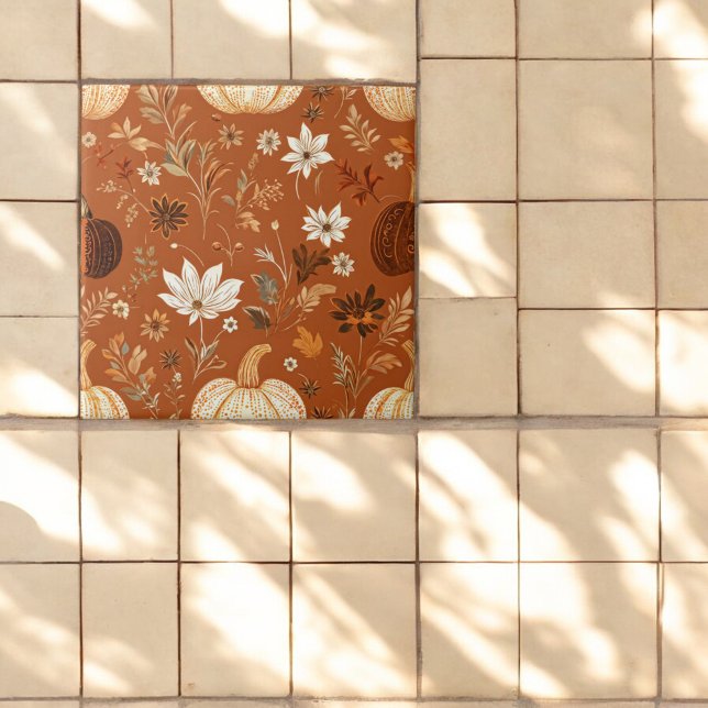 Azulejo De Cerâmica Padrão Floral do outono Elegante Terra Cota Pumpki (Criador carregado)