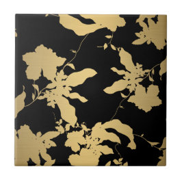 Azulejo De Cerâmica Padrão Floral Dourado Elegante Preto